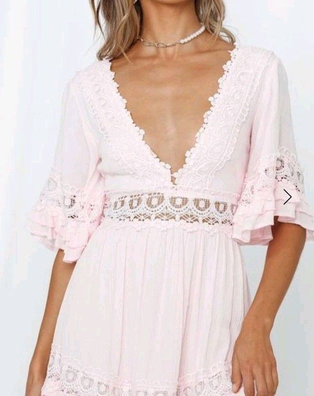 Boutique Dusty Rose Deep V Lace Crochet Trim Smocked Rustic Boho Mini Dress XS
